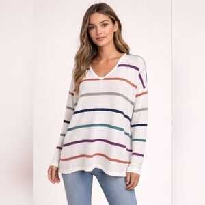 Staccato Striped V-Neck Lightweight Sweater Top Size L Neutral Multicolor # 1352